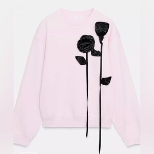 ZARA Pink Sweatshirt with Black Satin Flowers | M | Long Sleeve | Sold Out | NWT